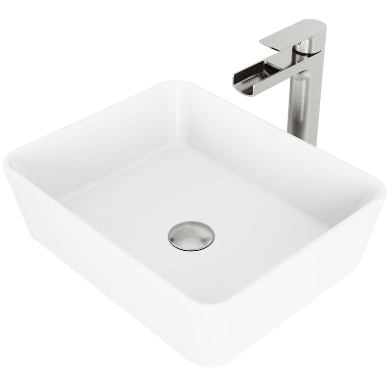VIGO Marigold MatteStone Matte White Bathroom Sink/Basin Set with Amada Faucet and Rectangular Composite Vessel K3