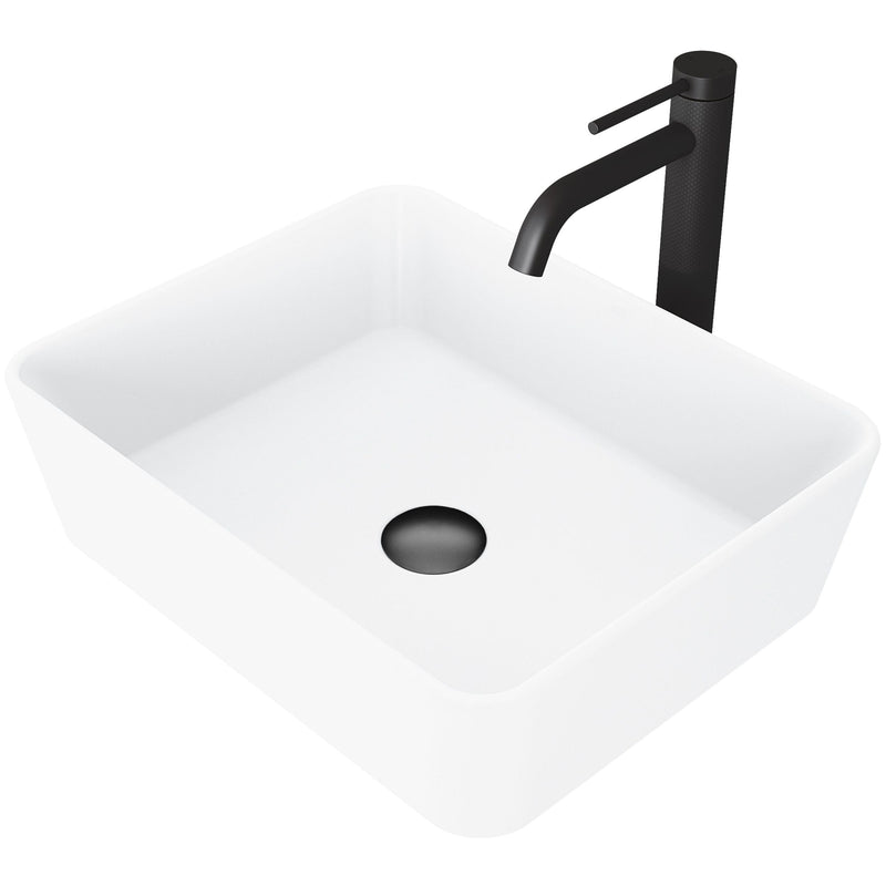 VIGO Marigold MatteStone Matte White Bathroom Sink/Basin Set with Lexington Faucet and Rectangular Composite Vessel B3