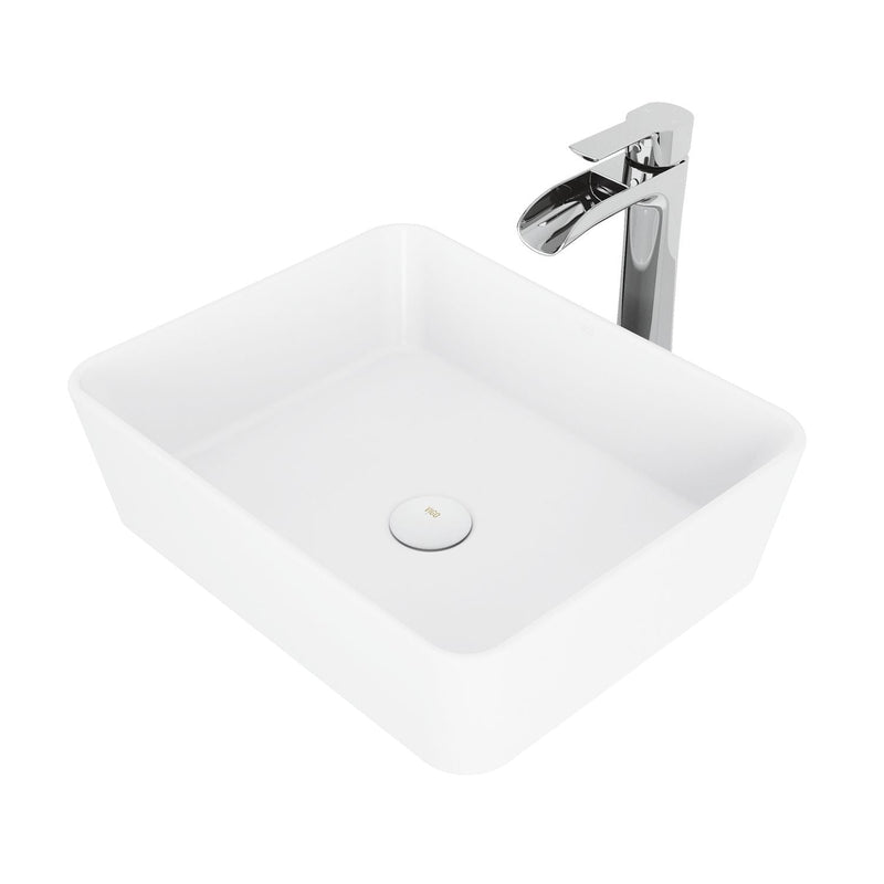 VIGO Marigold MatteStone Matte White Bathroom Sink/Basin Set with Niko Faucet and Rectangular Composite Vessel Y6