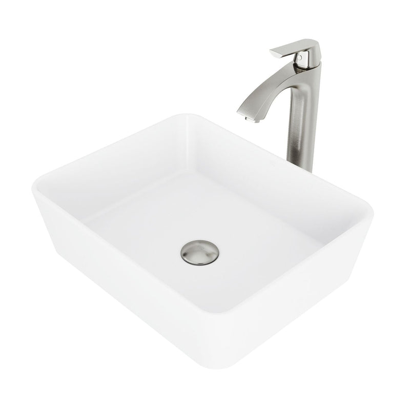 VIGO Marigold MatteStone White Bathroom Sink/Basin Set with Linus Faucet and Rectangular Composite Vessel E5