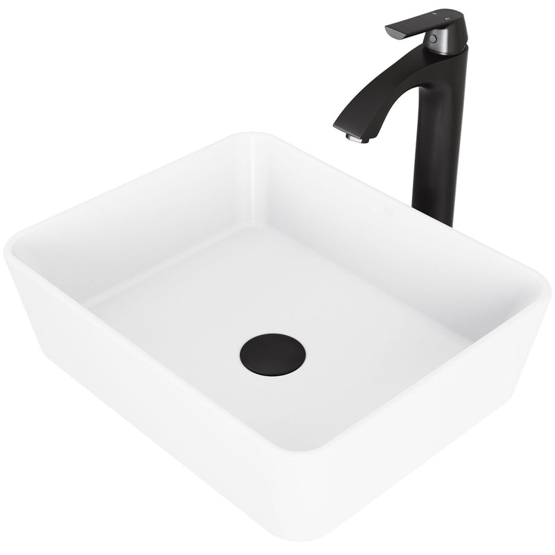 VIGO Marigold MatteStone White Bathroom Sink/Basin Set with Matte Black Linus Faucet and Rectangular Composite Vessel N4