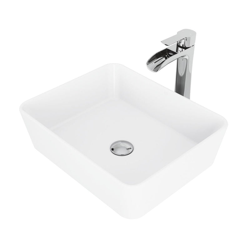 VIGO Marigold MatteStone White Bathroom Sink/Basin Set with Niko Faucet and Rectangular Composite Vessel K8
