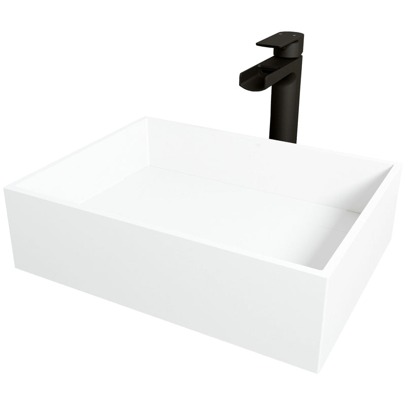 VIGO Montauk MatteStone White Bathroom Sink/Basin Set with Amada Faucet and Rectangular Composite Vessel R0