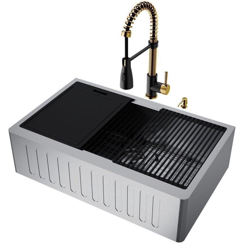 VIGO Oxford 33-in Single-Bowl Gold/Black Farmhouse Sink with Brant Faucet N5