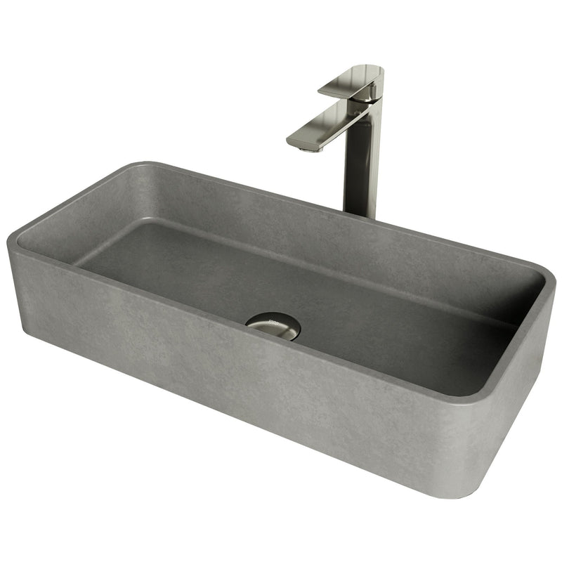 VIGO Palazzo Gothic ConcretoStone Grey Bathroom Sink/Basin Set with Niko Faucet and Rectangular Vessel A3