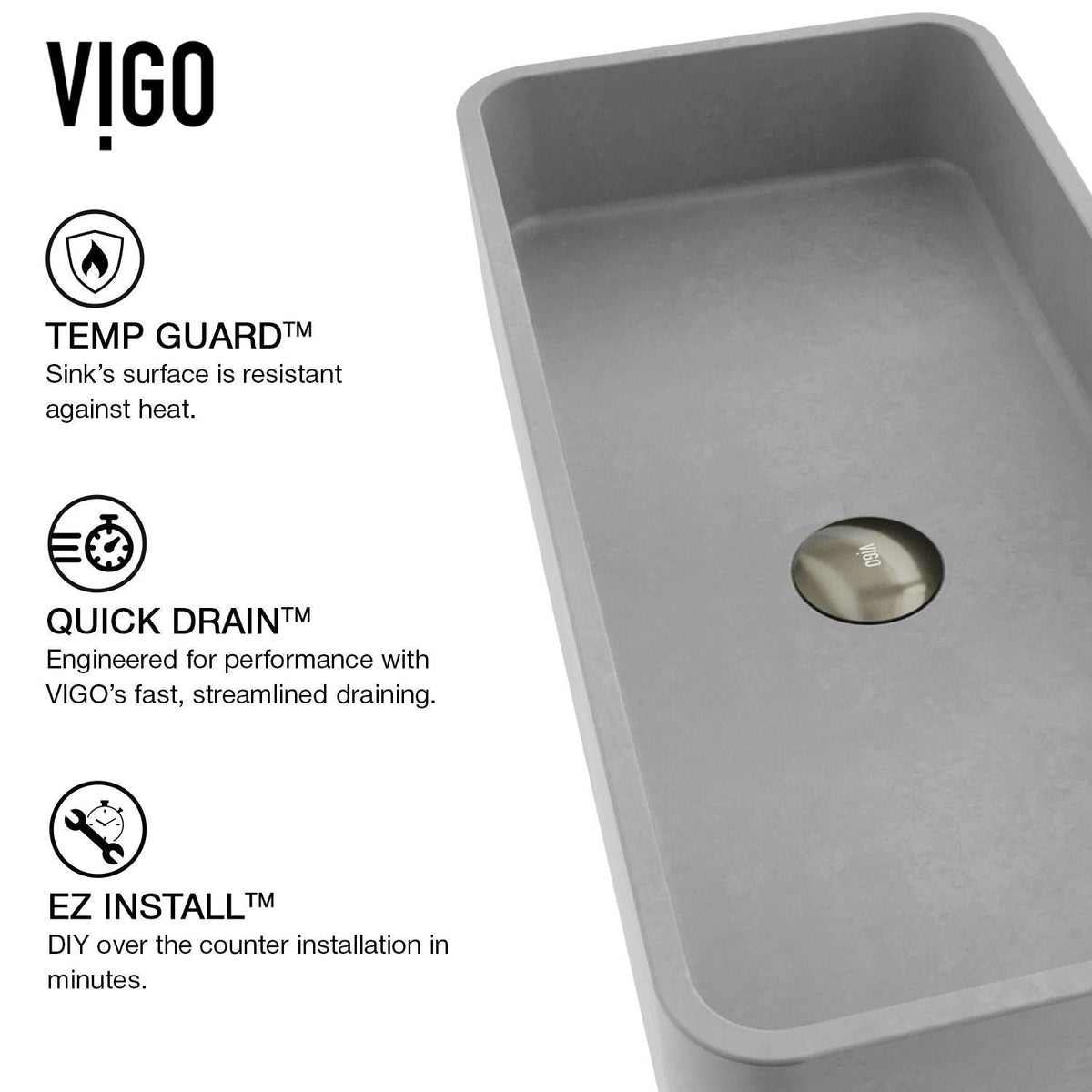 VIGO Palazzo Gothic ConcretoStone Grey Bathroom Sink/Basin Set with Niko Faucet and Rectangular Vessel