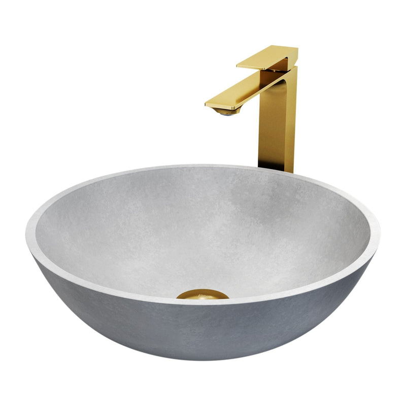 VIGO Ravenna Gothic ConcretoStone Grey Bathroom Sink/Basin Set with Dunn Faucet and Round Vessel B7