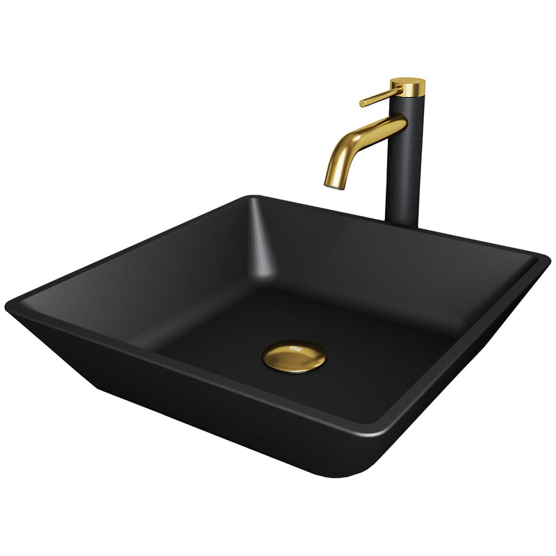 VIGO Roma MatteShell Matte Black Bathroom Sink/Basin Set with Lexington Faucet and Glass Square Vessel Y5