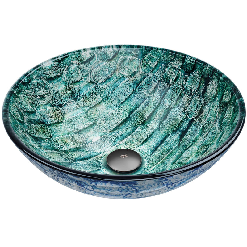 VIGO Round Glass Vessel Bathroom Sink/Basin with Scratch-Resistant Surface, Oceania B1