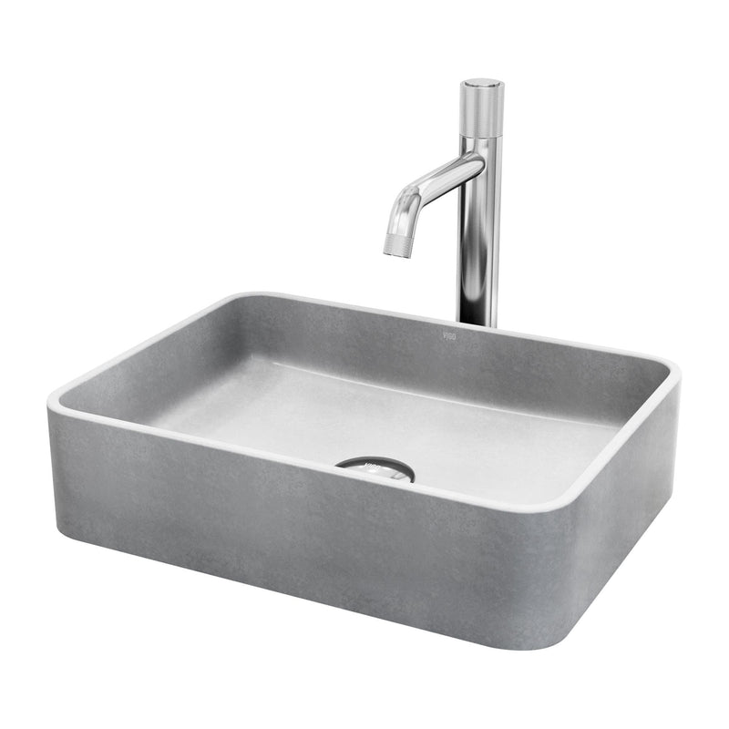 VIGO Segovia Gothic ConcretoStone Grey Bathroom Sink/Basin Set with Apollo Faucet and Rectangular Vessel J8