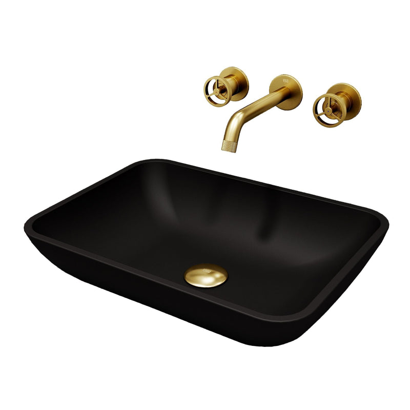 VIGO Sottile MatteShell Matte Black Bathroom Sink/Basin Set with Cass Wall Mount Faucet and Glass Rectangular Vessel Y1
