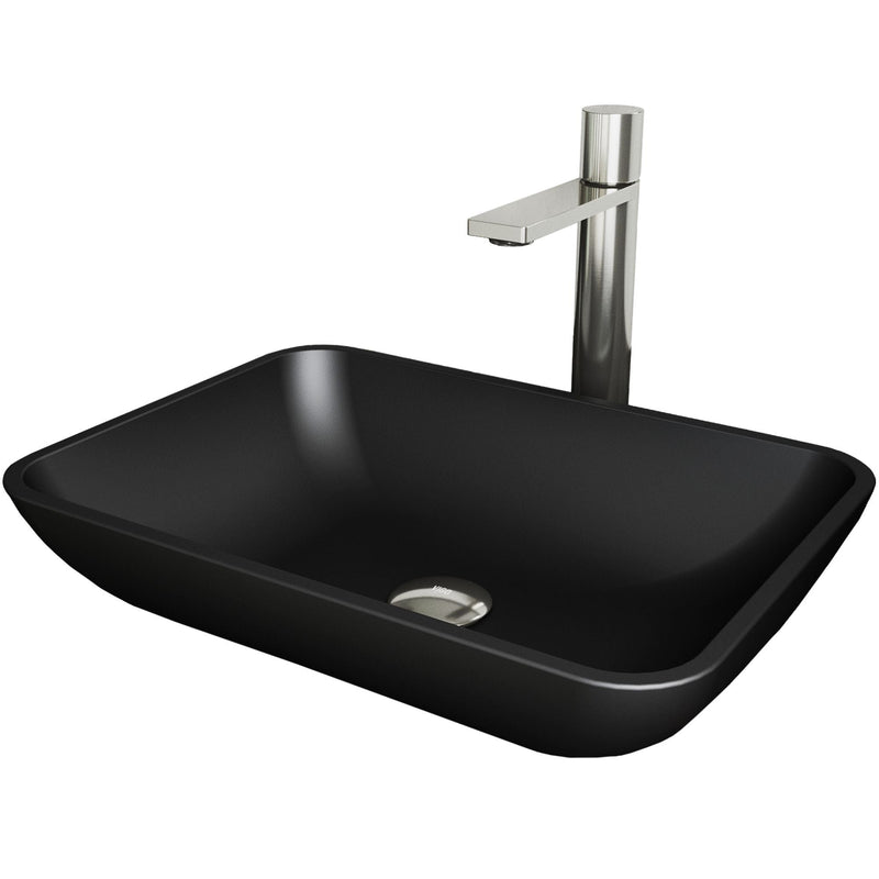 VIGO Sottile MatteShell Matte Black Bathroom Sink/Basin Set with Gotham Faucet and Glass Rectangular Vessel T8