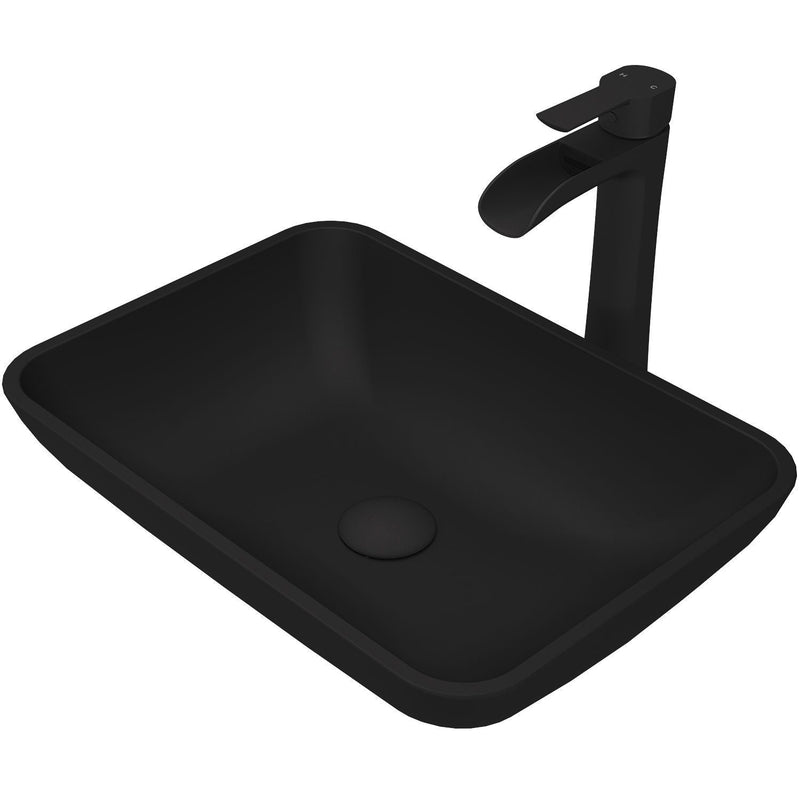 VIGO Sottile MatteShell Matte Black Bathroom Sink/Basin Set with Niko Faucet and Glass Rectangular Vessel P6