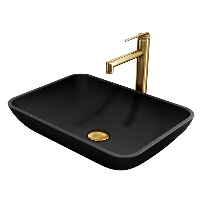 VIGO Sottile MatteShell Matte Black Bathroom Sink/Basin Set with Sterling Faucet and Glass Rectangular Vessel Y3