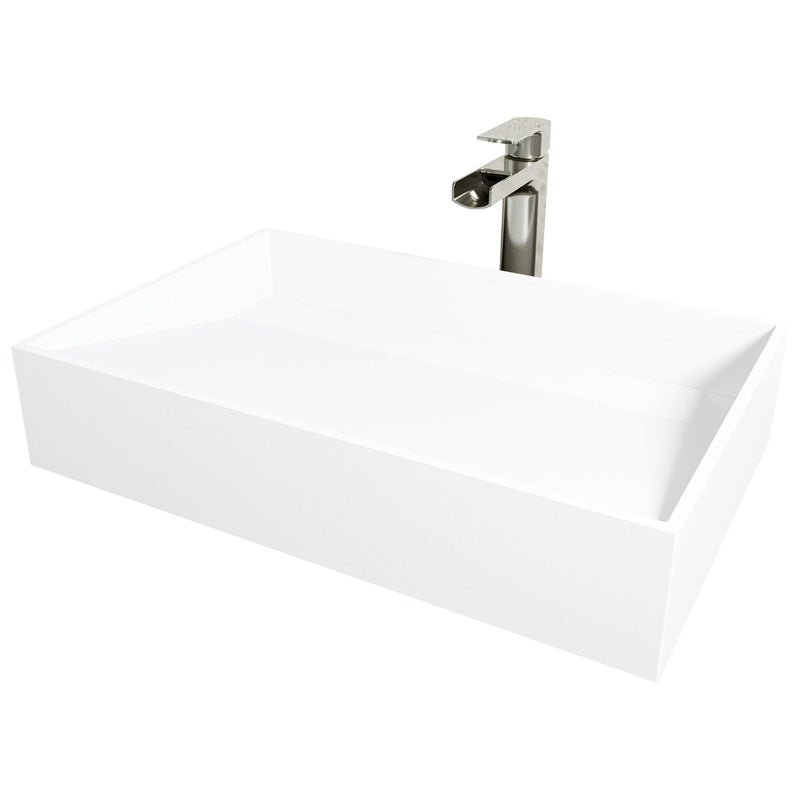 VIGO Starr Glass MatteStone White Bathroom Sink/Basin Set with Amada Faucet and Rectangular Composite Vessel Y4