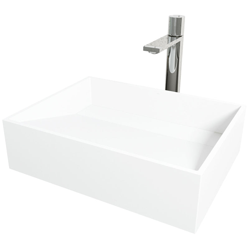 VIGO Starr Glass MatteStone White Bathroom Sink/Basin Set with Gotham Faucet and Rectangular Composite Vessel W5