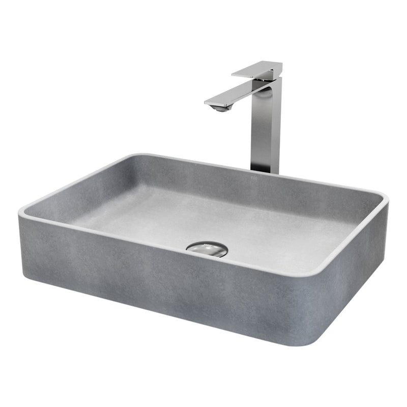 VIGO Tarragona Gothic ConcretoStone Grey Bathroom Sink/Basin Set with Dunn Faucet and Rectangular Vessel N3
