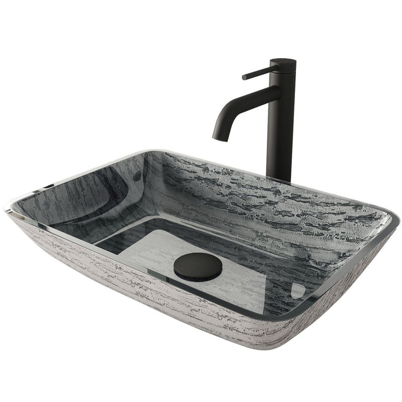 VIGO Titanium Glass Slate Grey Bathroom Sink/Basin Set with Lexington Faucet and Rectangular Vessel O2