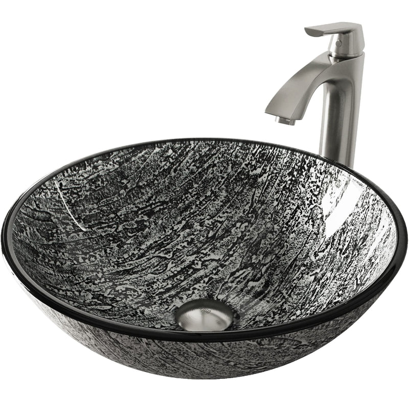 VIGO Titanium Glass Slate Grey Bathroom Sink/Basin Set with Linus Faucet and Round Vessel Q3