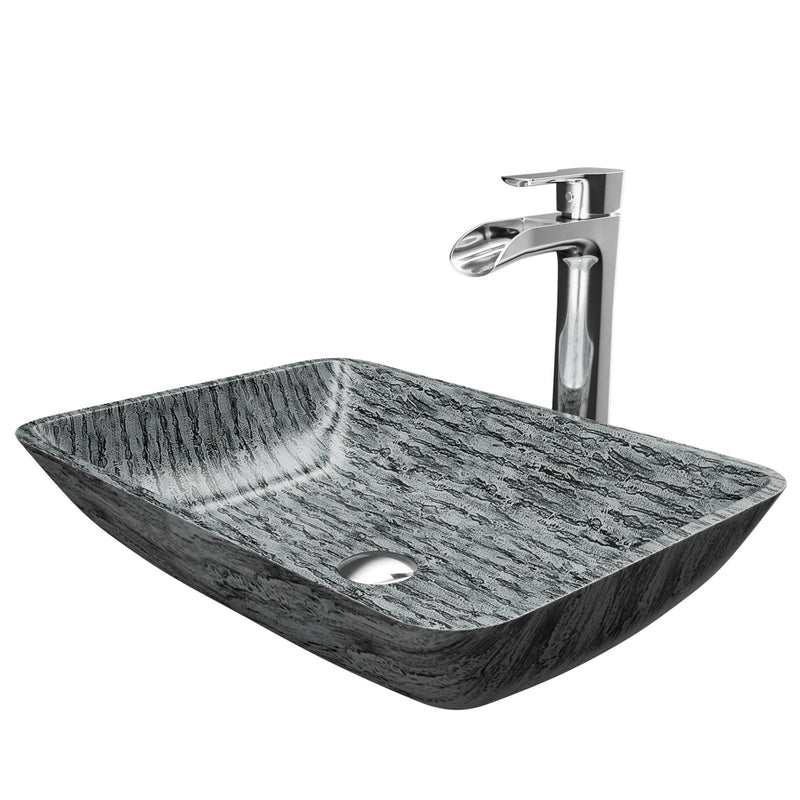 VIGO Titanium Glass Slate Grey Bathroom Sink/Basin Set with Niko Faucet and Rectangular Vessel M2