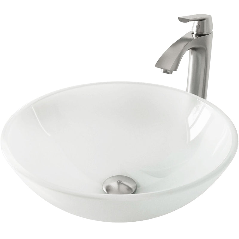 VIGO White Frost White Bathroom Sink/Basin Set with Linus Faucet and Round Glass Vessel V8