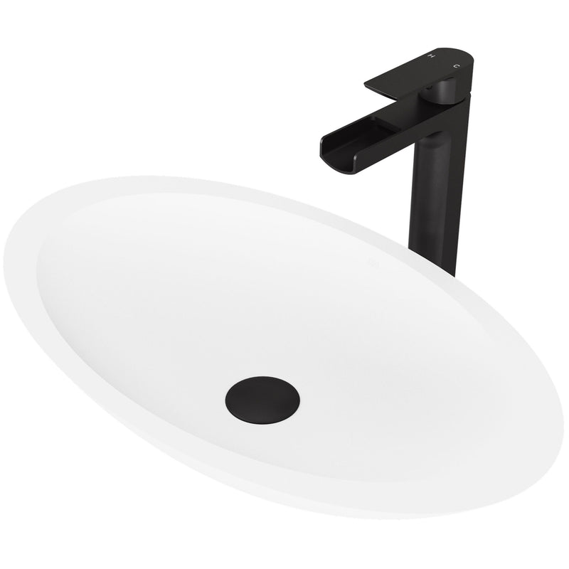 VIGO Wisteria MatteStone White Bathroom Sink/Basin Set with Amada Faucet and Oval Composite Vessel C9