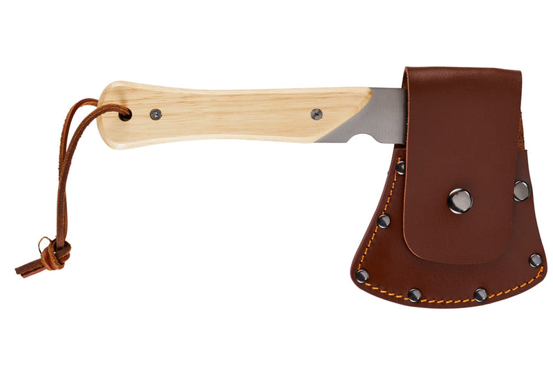 Woods Mini Pack Axe, Steel Single-Bit Hatchet Axe with Wooden Handle, Leather Sheath & Strap I0