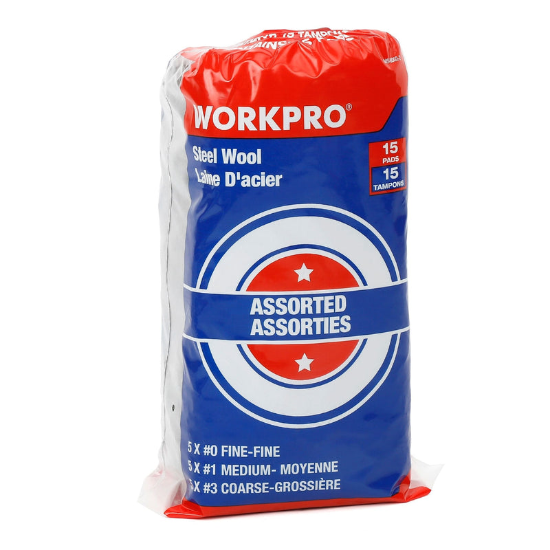 Workpro Steel Wool Pads For Multi-Surface Smoothing & Cleaning, Assorted Grade Pack, 15-pk E8