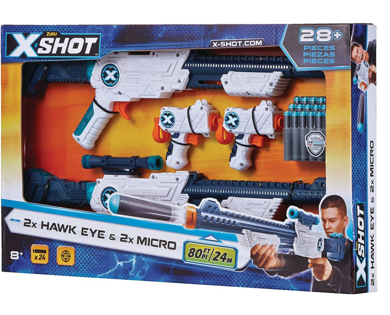 ZURU X-Shot Double Hawk Eye & Micro Foam Dart Blaster Combo Pack with 24 Darts, Ages 8+ W4